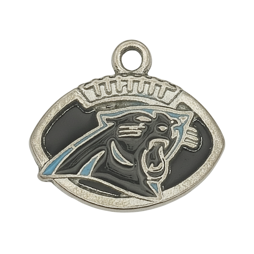 close-up of football-shaped charm with black panther head and silver-tone outline