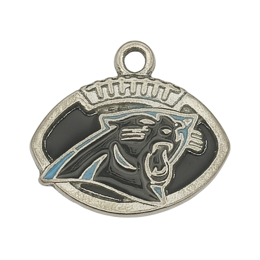 close-up of football-shaped charm with black panther head and silver-tone outline