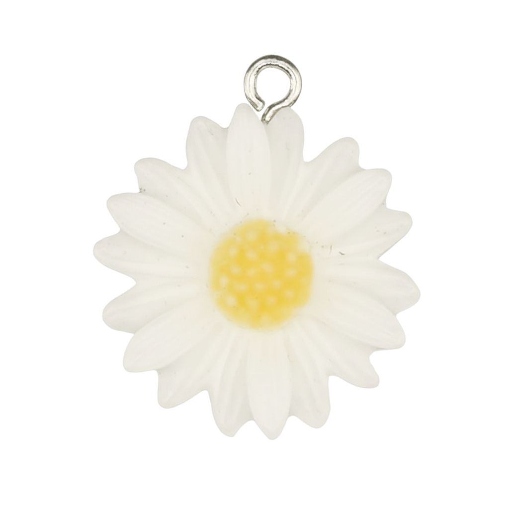 close-up of a white daisy flower charm with a yellow center on a black background