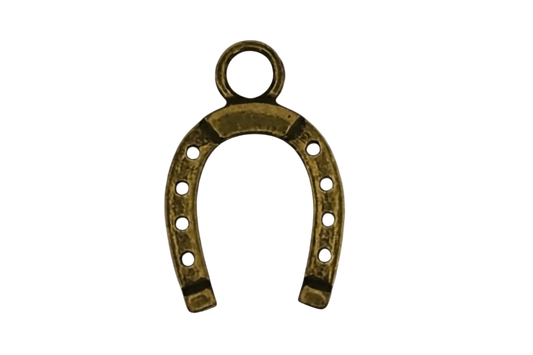 close-up of gold-tone horseshoe charm with dot details on a black background