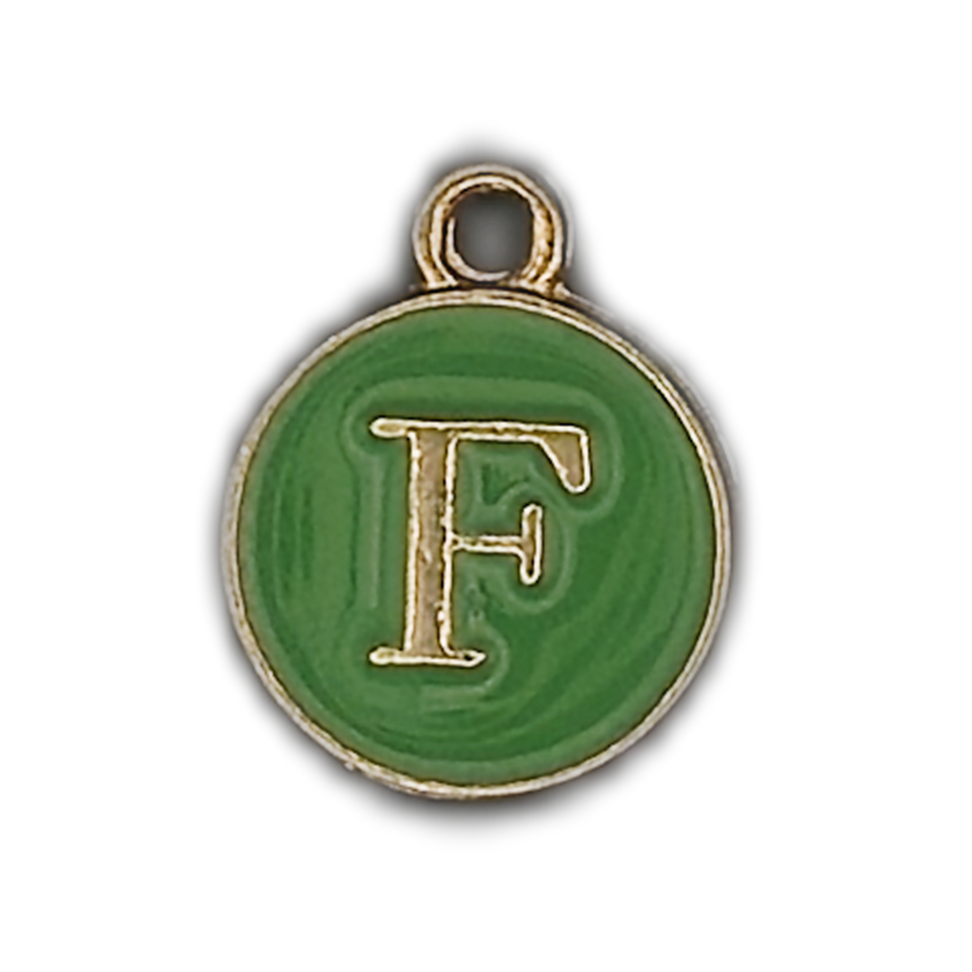 close-up of round green enamel charm with gold-tone letter F
