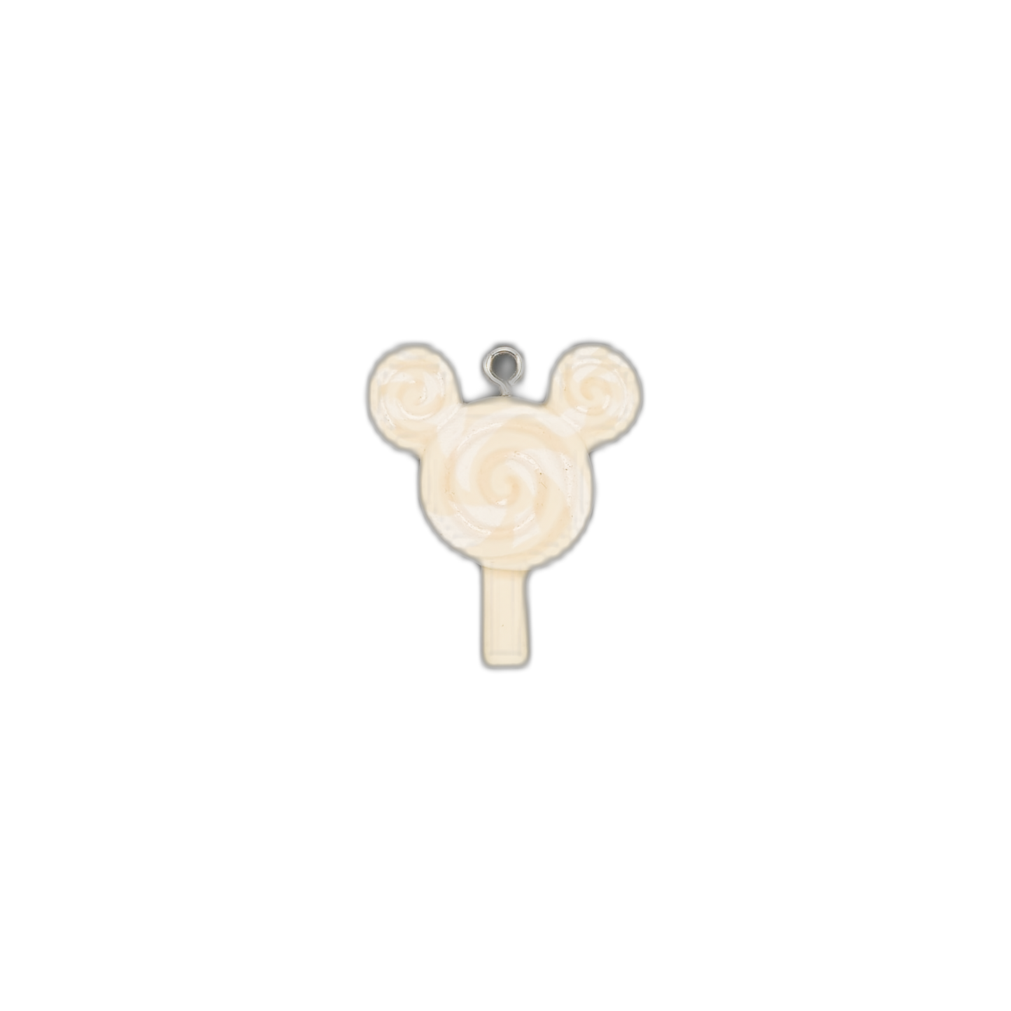 small cream swirl lollipop charm with two round ear-like tops and a stick on a black background