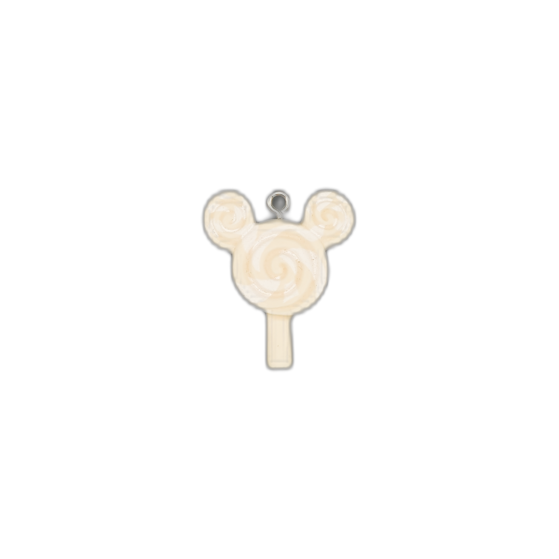 small cream swirl lollipop charm with two round ear-like tops and a stick on a black background