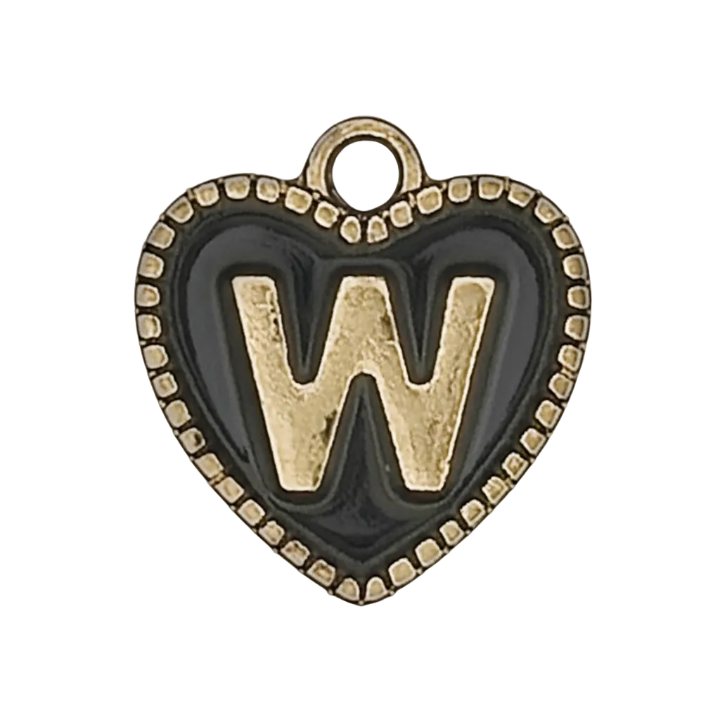 close-up of gold letter W on black heart charm with dotted border