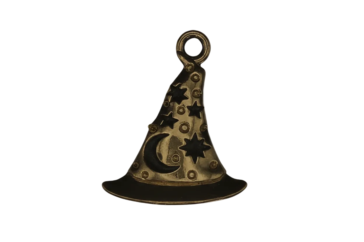 Close-up of a gold-tone wizard hat charm with stars and a crescent moon on a black background.