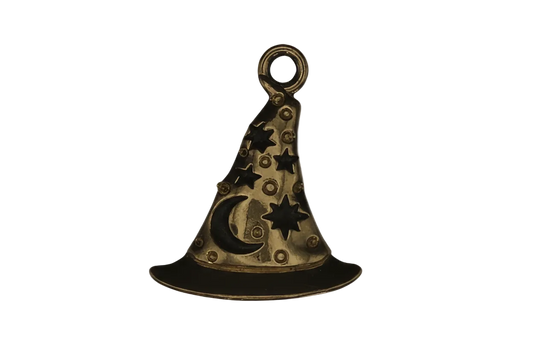 Close-up of a gold-tone wizard hat charm with stars and a crescent moon on a black background.