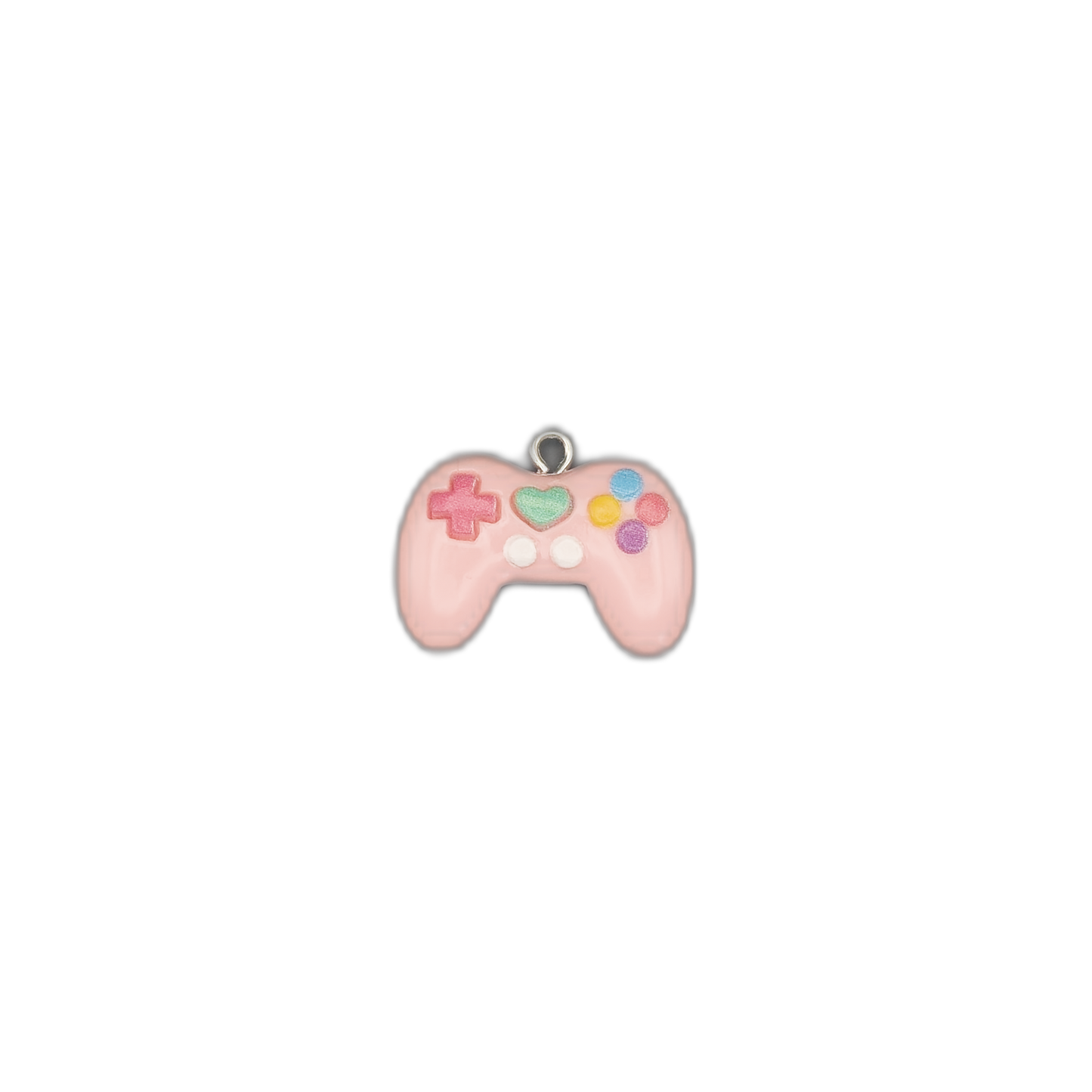 small pink game controller charm centered on a black background