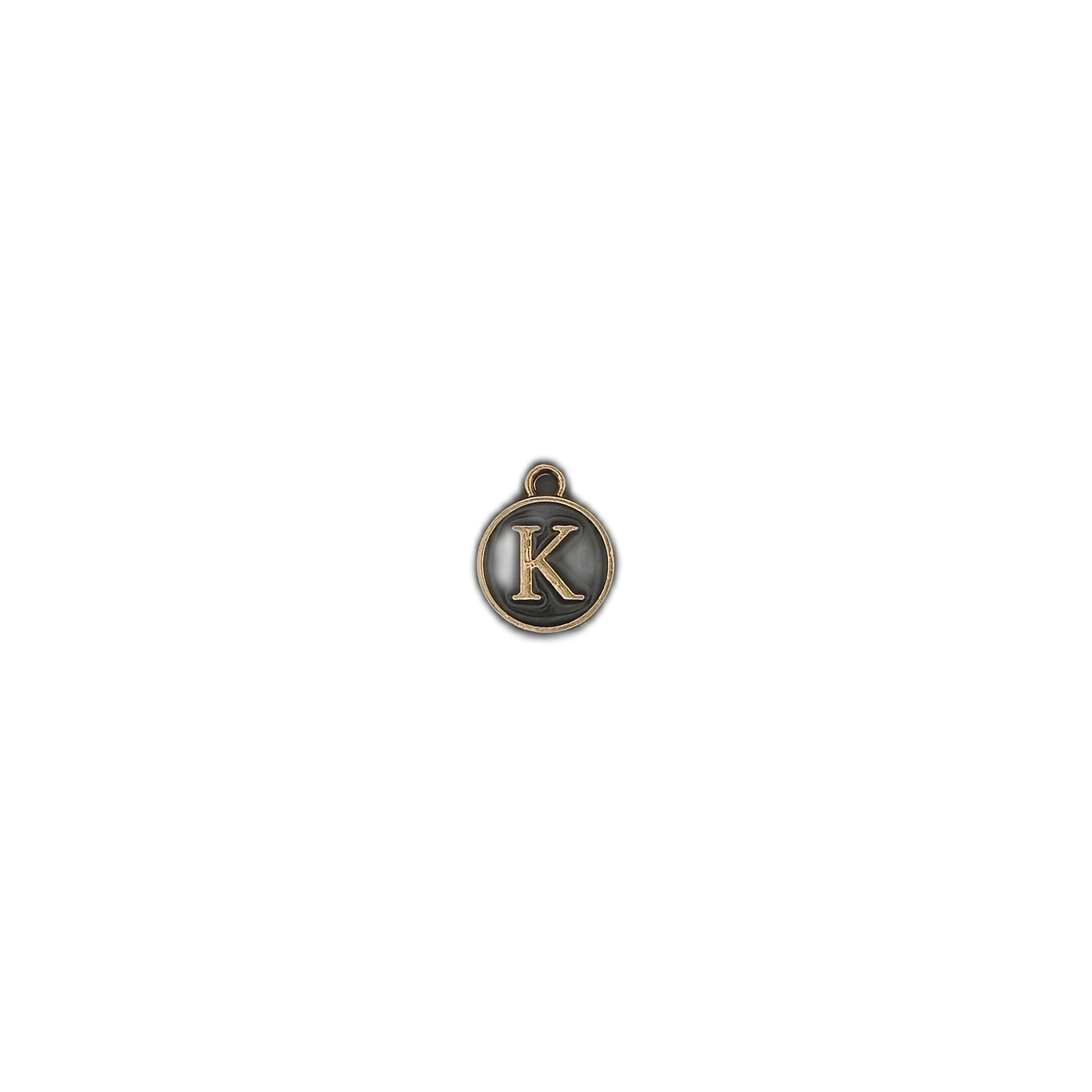 small round charm showing gold letter K on black background
