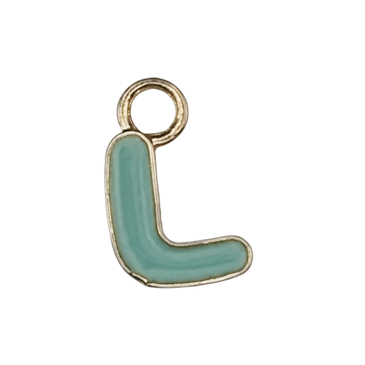 close-up of teal enamel letter L charm with gold-tone outline on black background