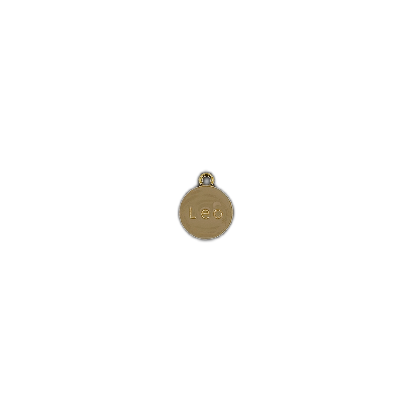 small gold round Leo charm on a black background
