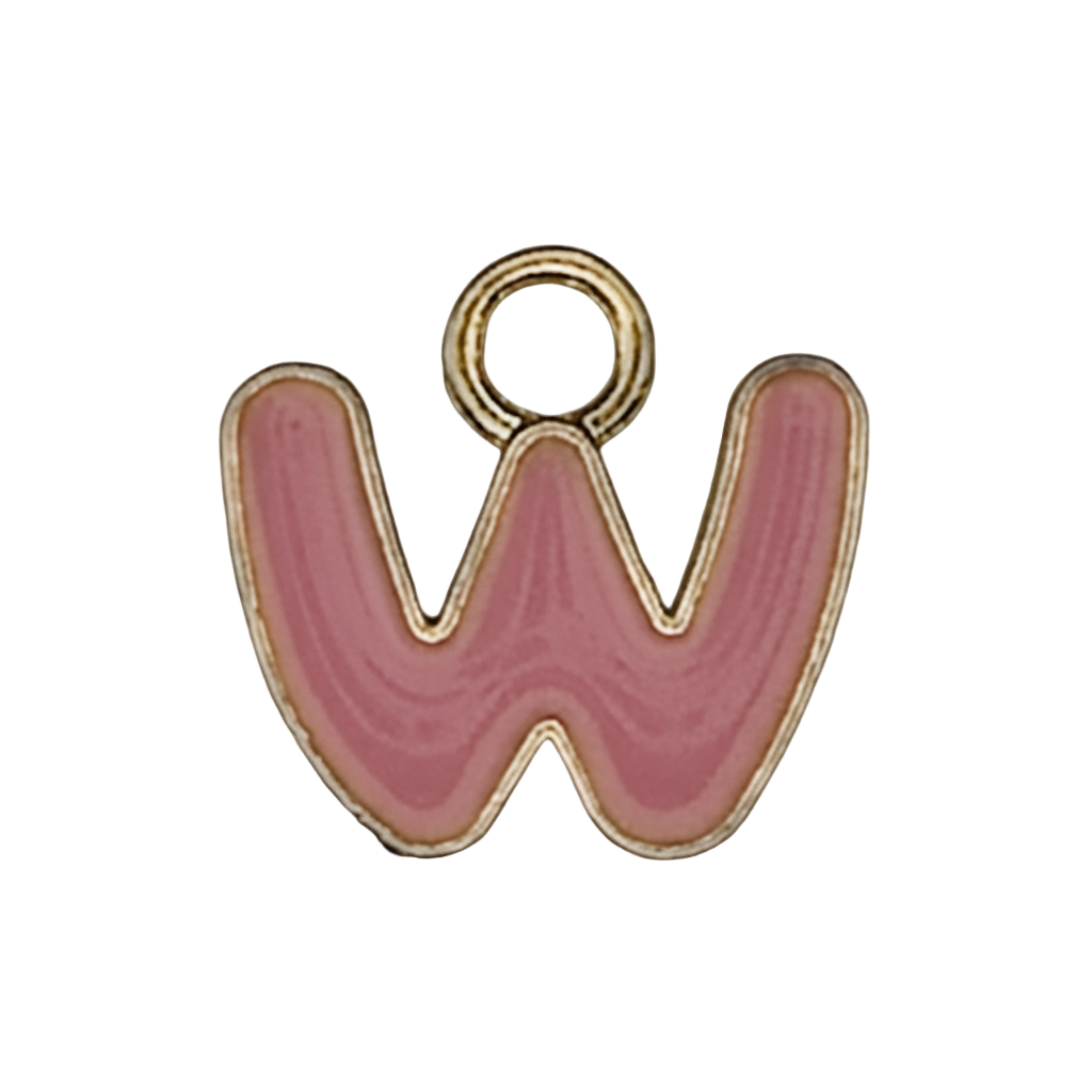 Close-up of pink enamel letter W charm with gold outline on black background.