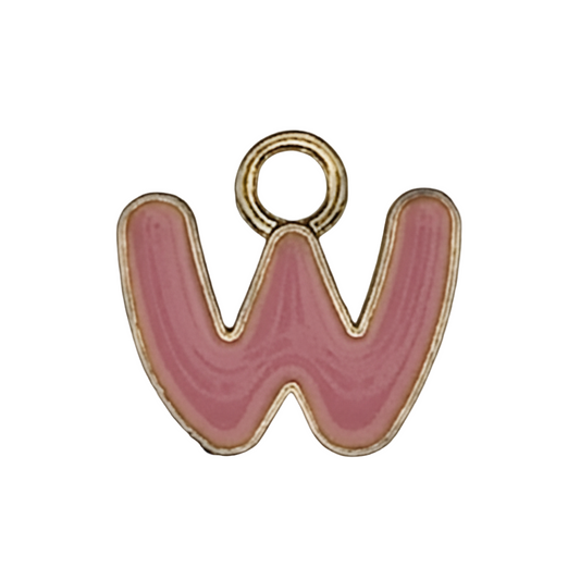 Close-up of pink enamel letter W charm with gold outline on black background.