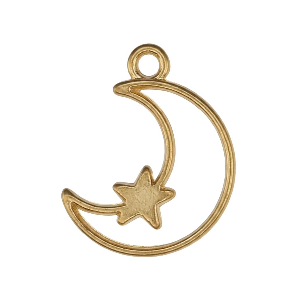 close-up of a gold-tone open crescent moon charm with a small star on a black background