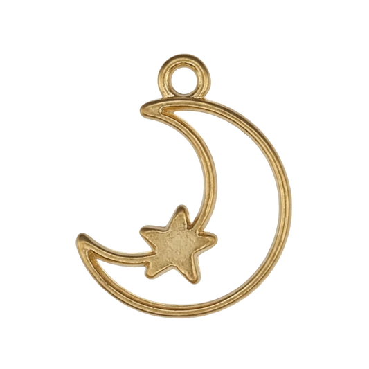 close-up of a gold-tone open crescent moon charm with a small star on a black background