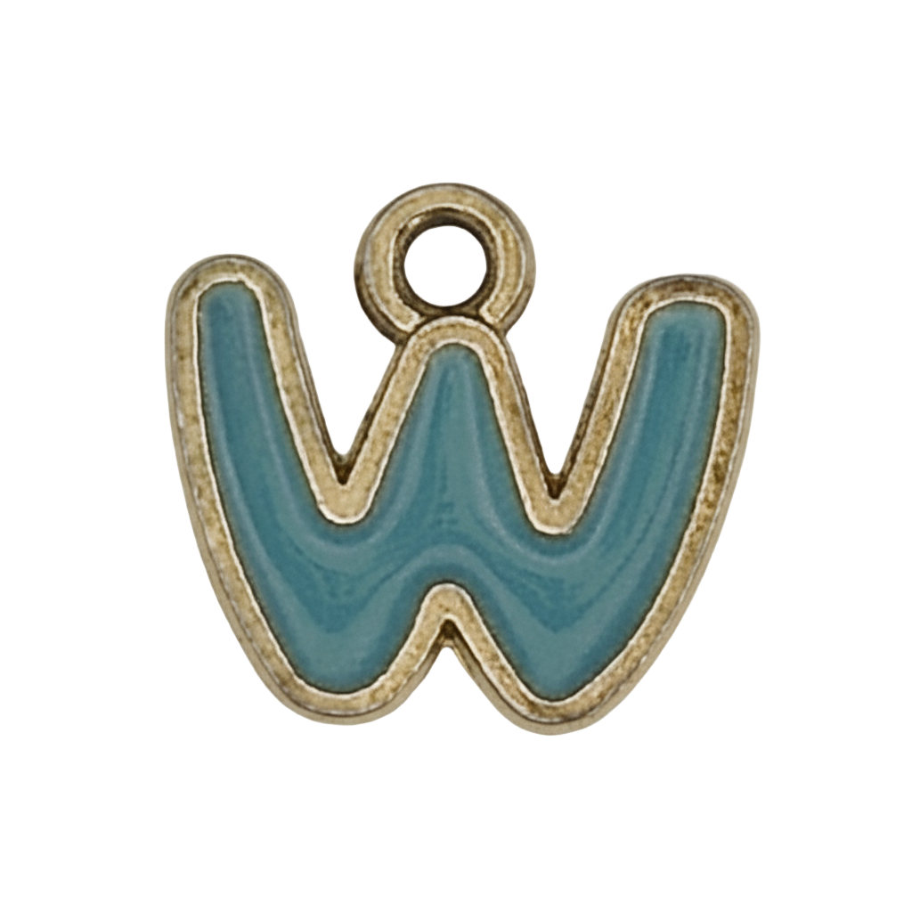 close-up of teal letter W charm with gold outline on black background