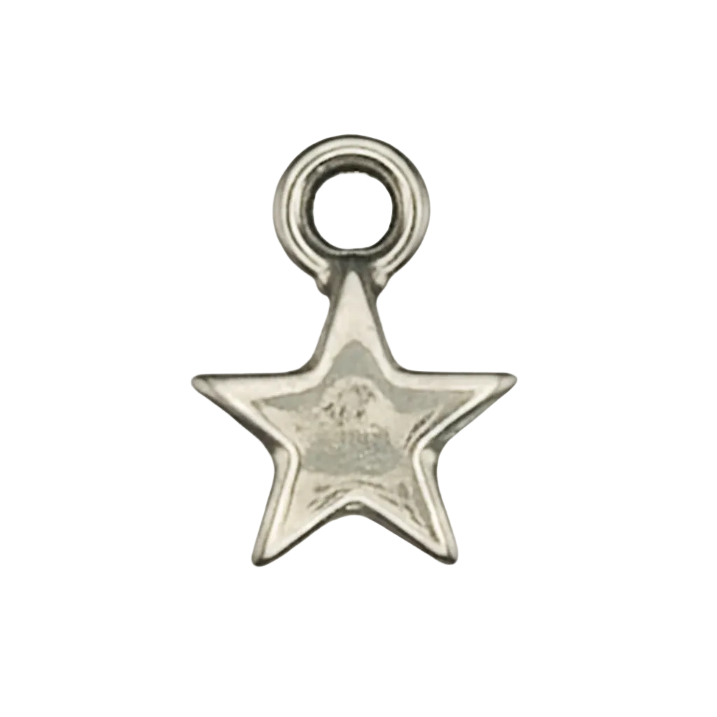 close-up of a small silver star-shaped charm on a black background