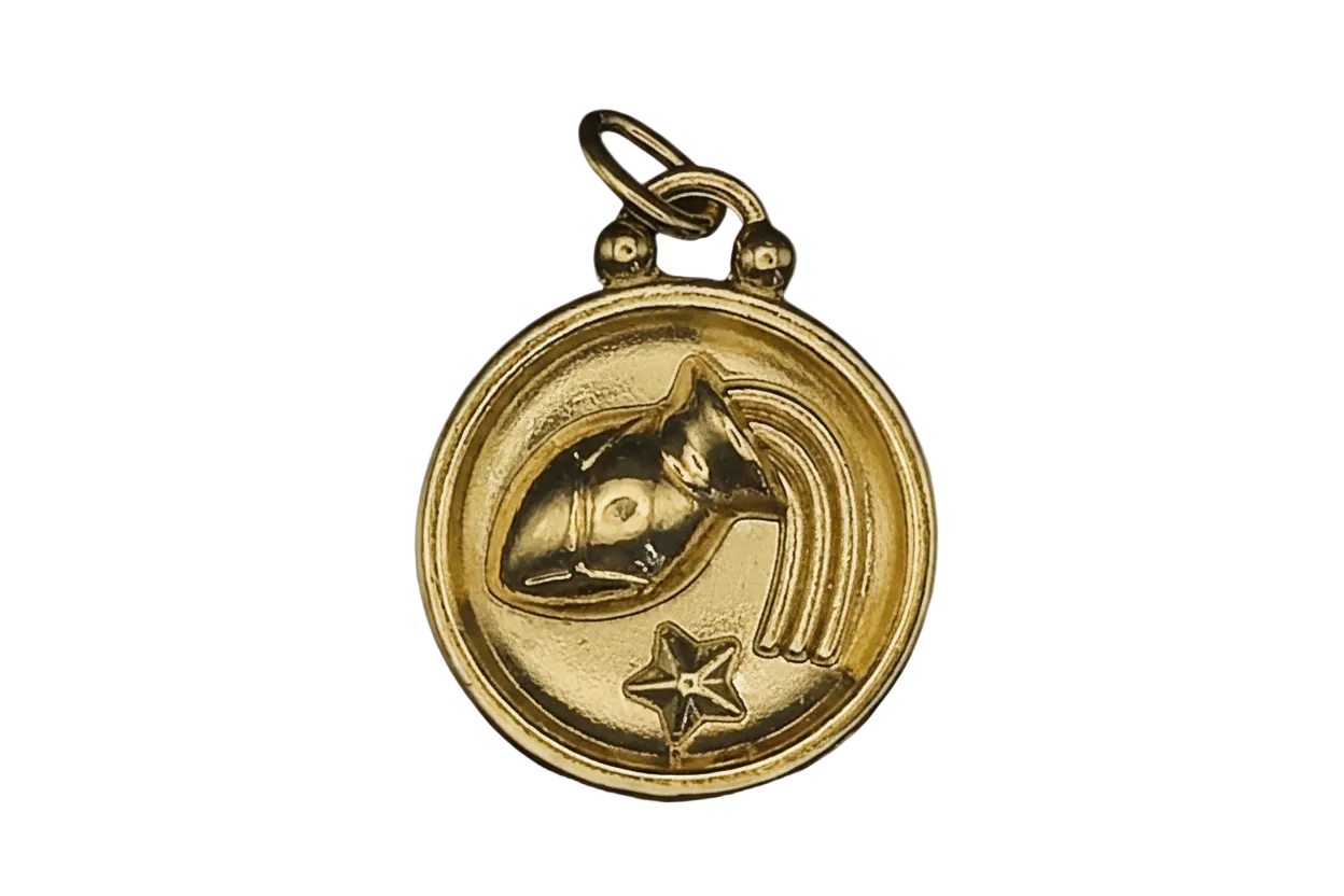 close-up of gold round Aquarius zodiac charm with jug and star on black background
