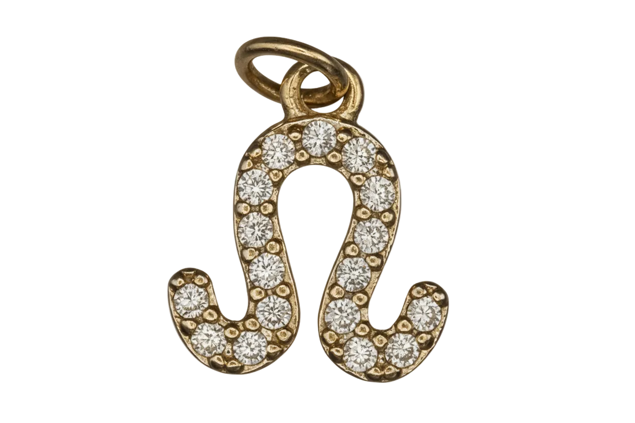 close-up of gold-tone pavé Leo zodiac charm on black background