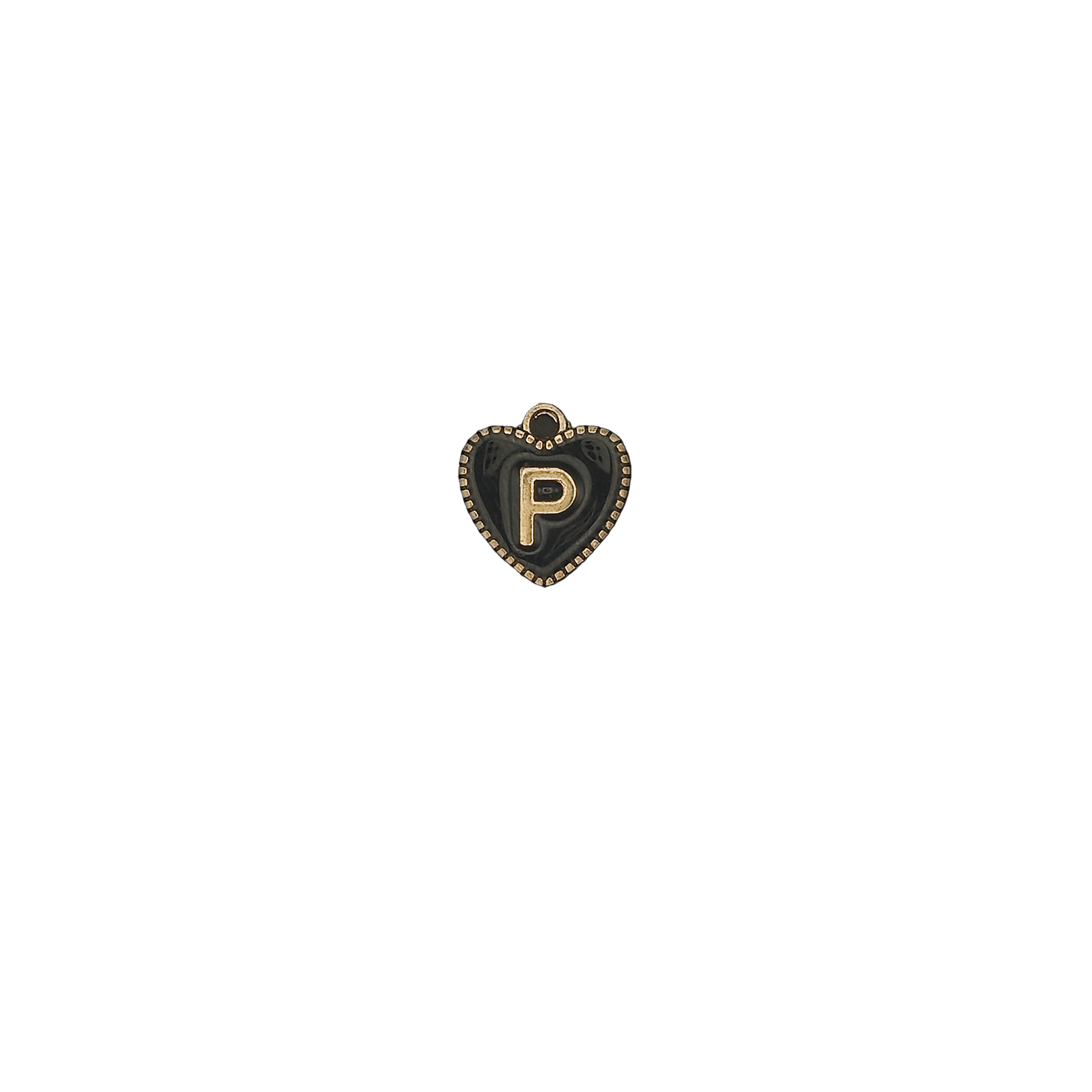 Small black and gold heart initial P charm on a black background.