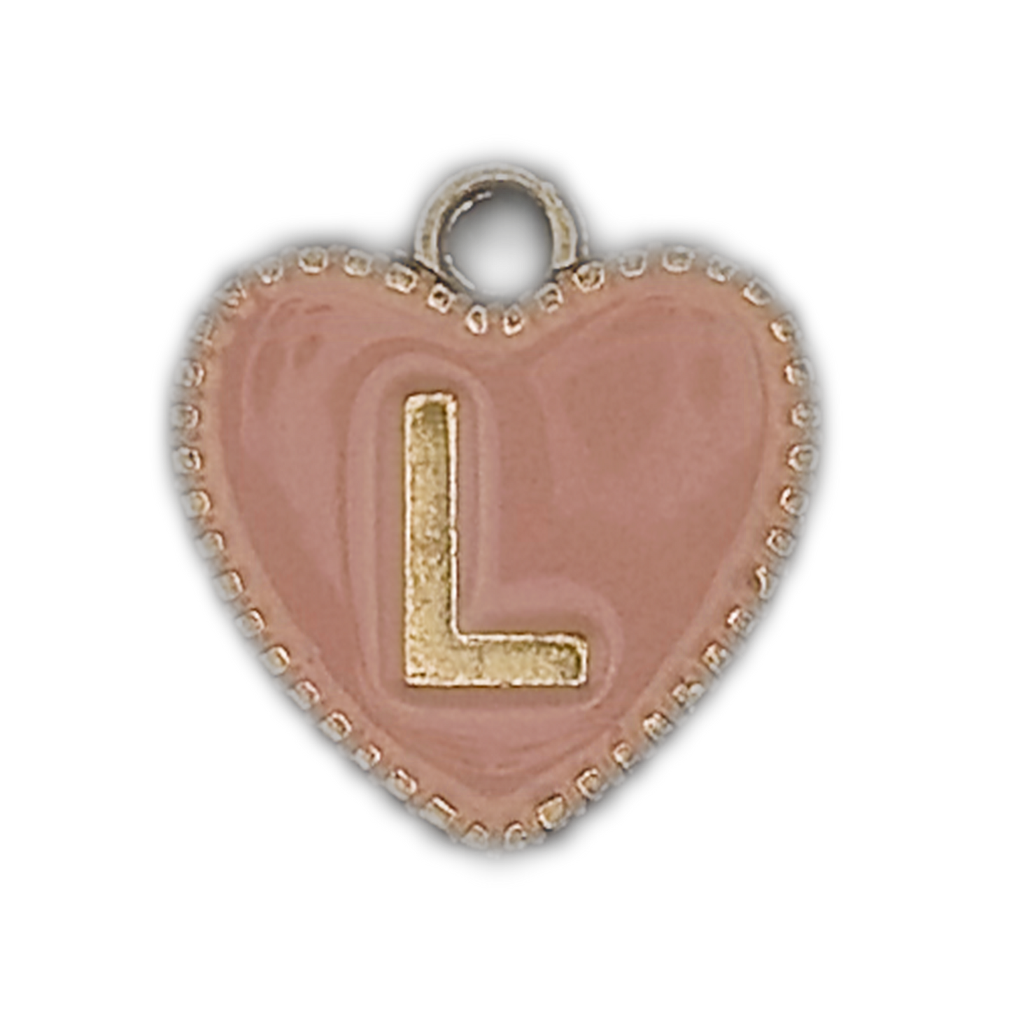 close-up of pink heart-shaped charm with gold letter L