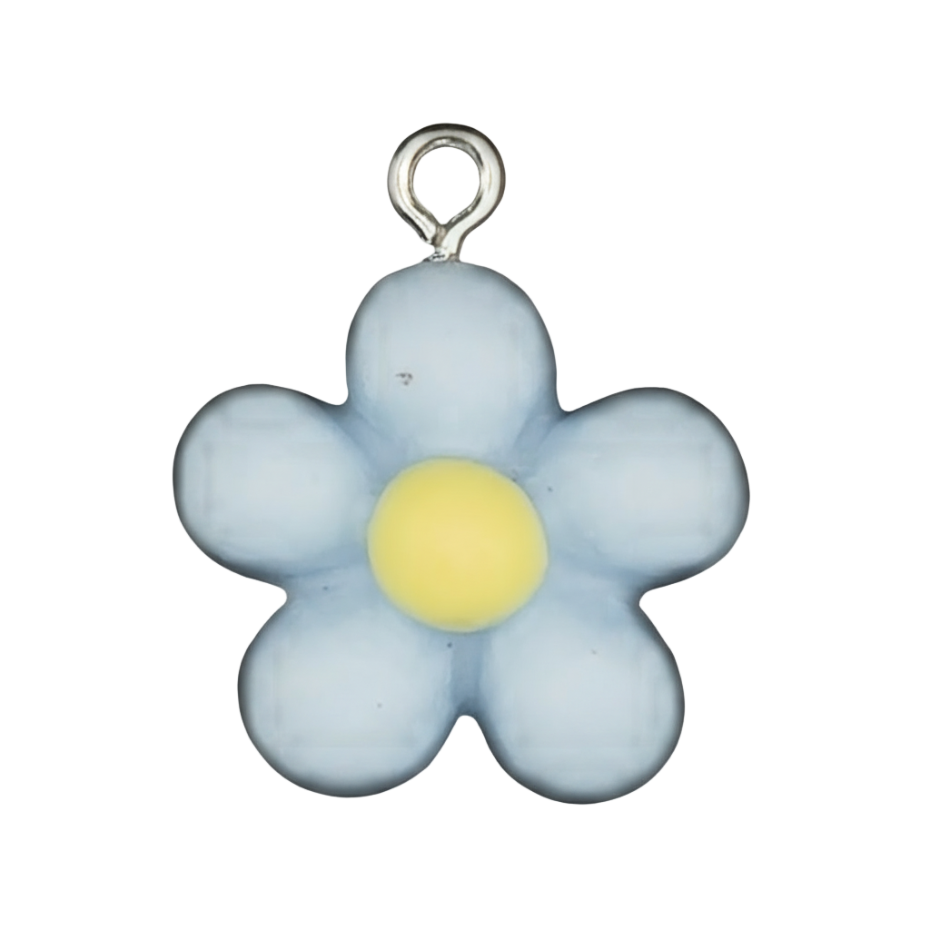 close-up of light blue five-petal flower charm with yellow center on a black background