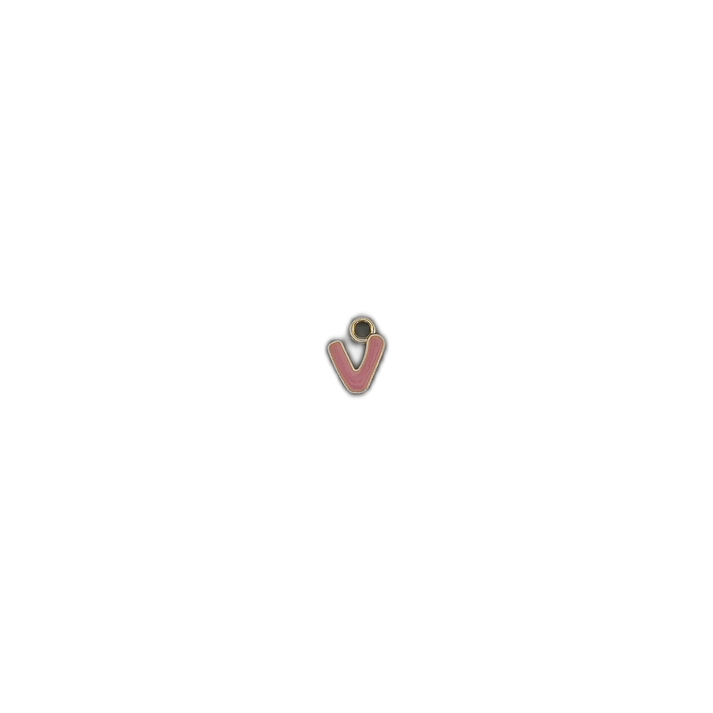 small pink letter v charm on black background