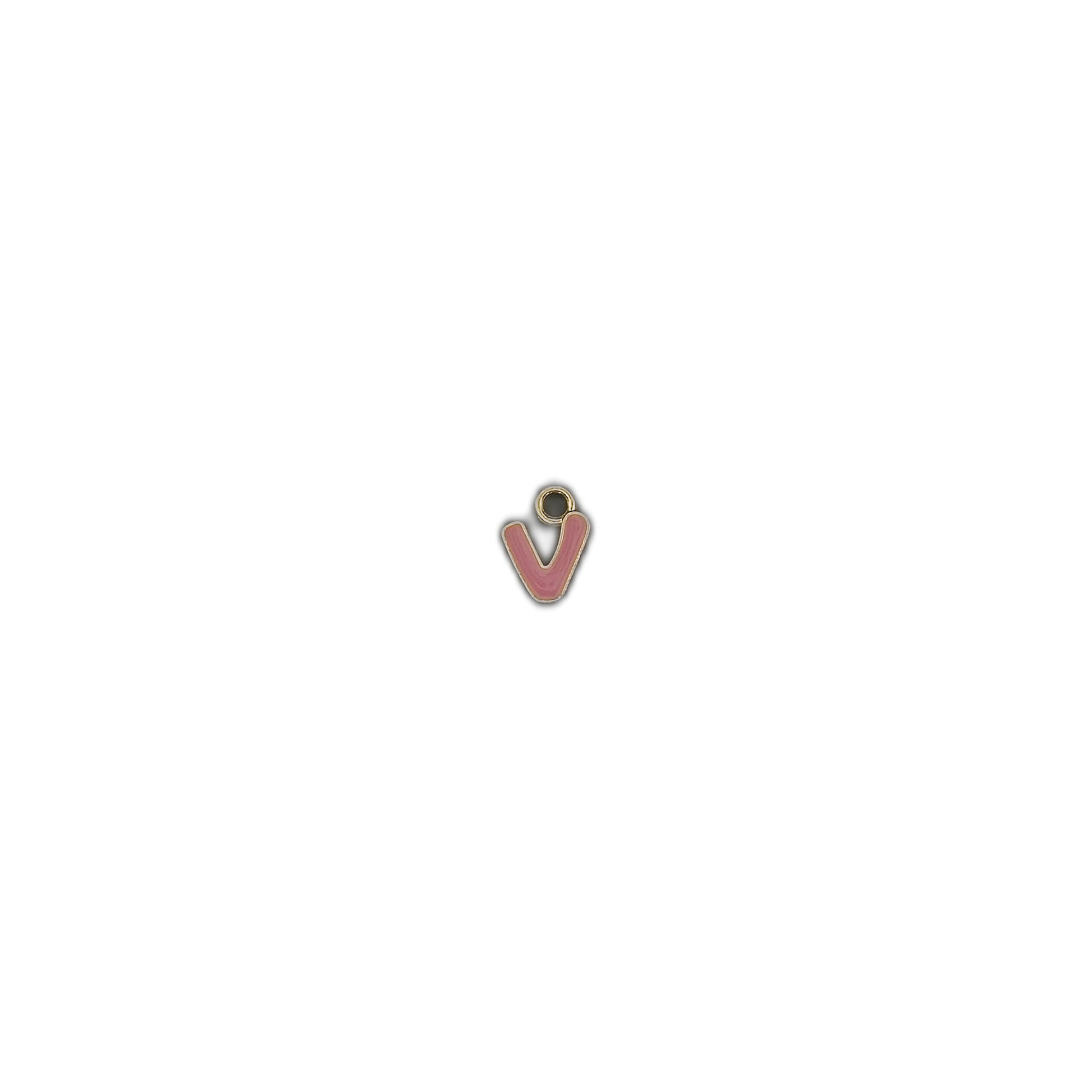small pink letter v charm on black background