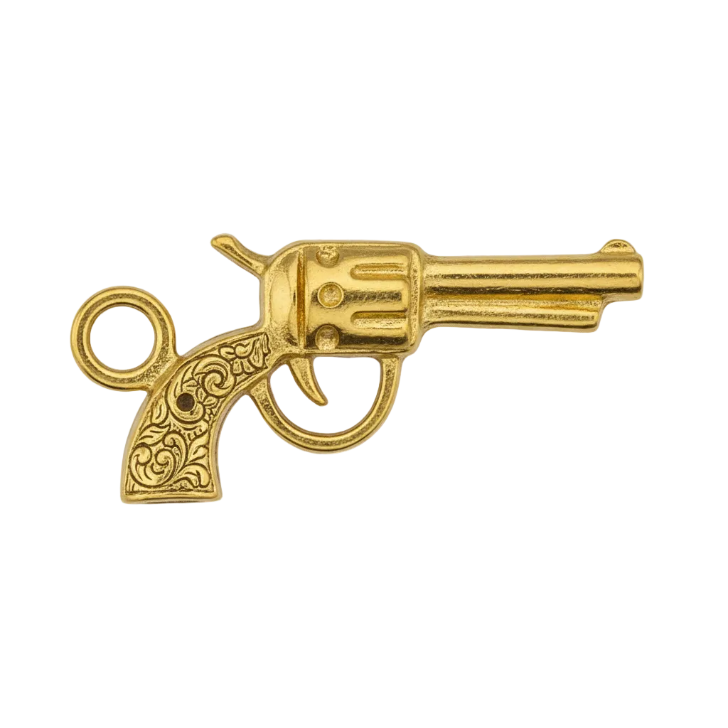 close-up of small gold-tone revolver charm
