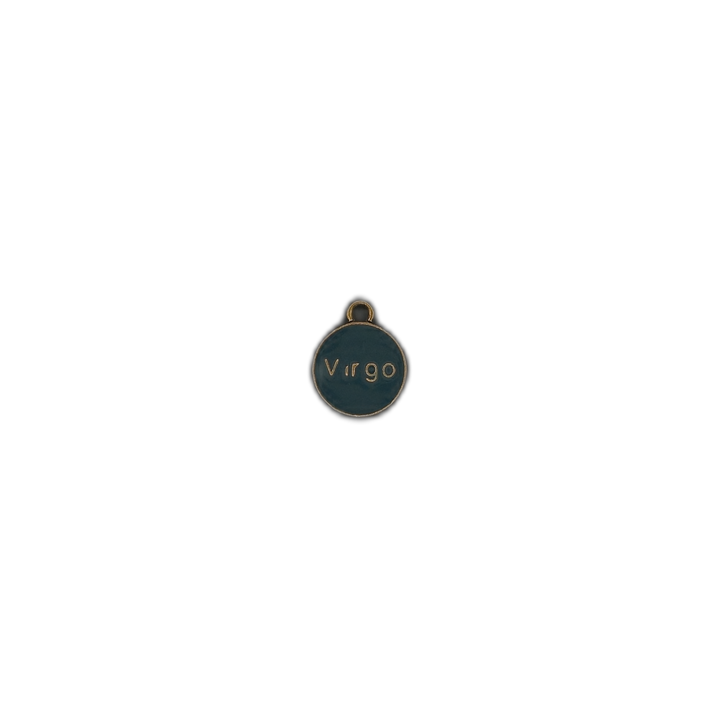 small teal round Virgo charm on black background