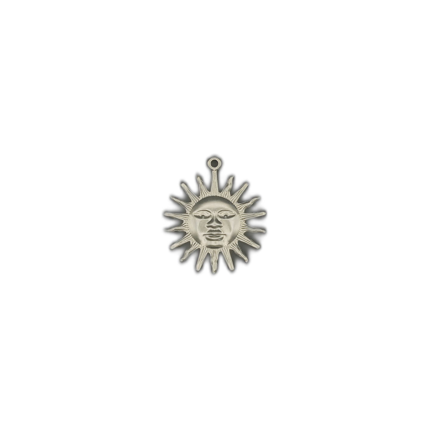 silver-tone sun face charm centered on black background