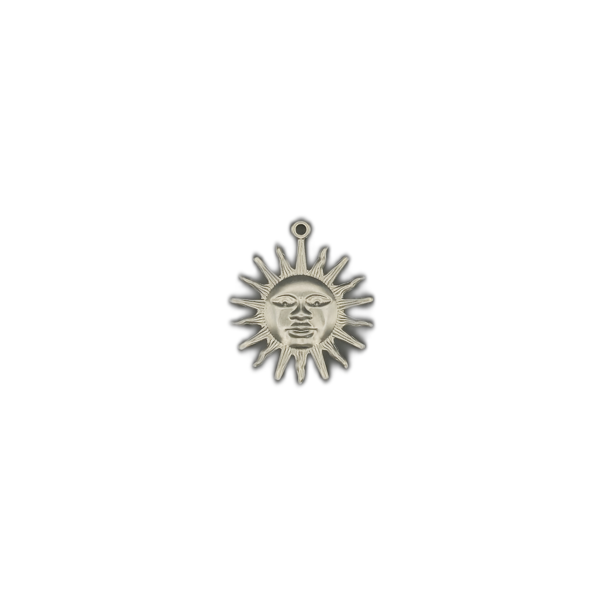silver-tone sun face charm centered on black background