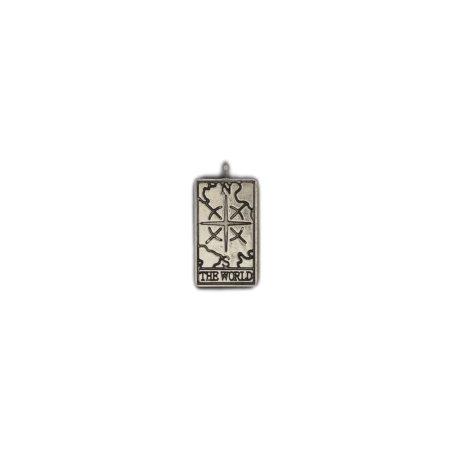 Rectangular silver-tone tarot 'The World' pendant centered on black background.