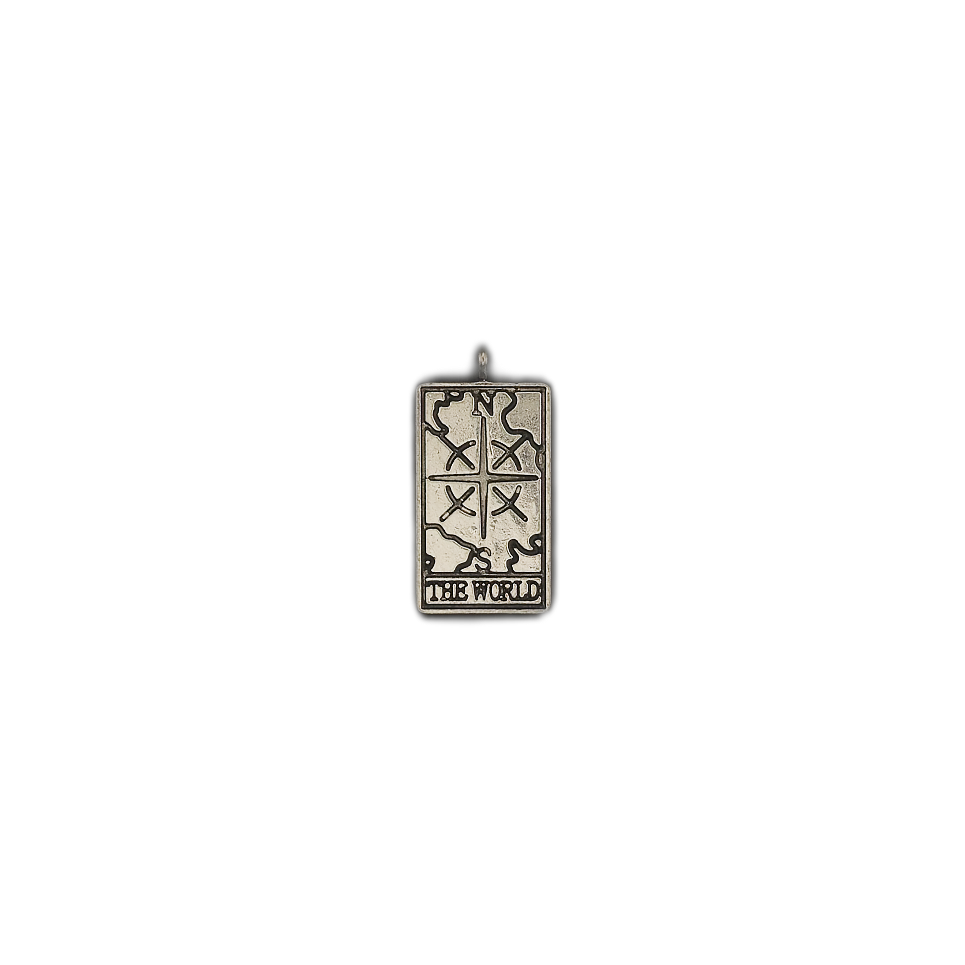 Rectangular silver-tone tarot 'The World' pendant centered on black background.