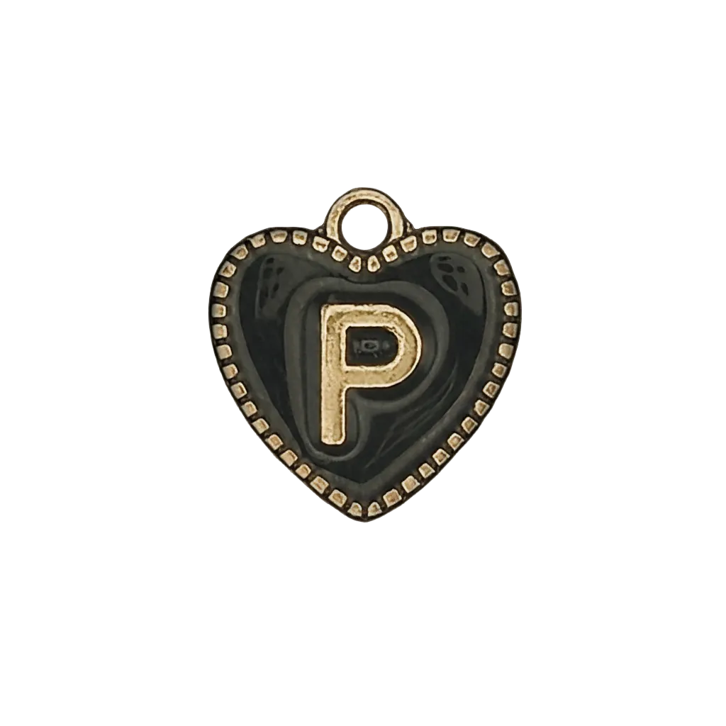 Close-up of a black and gold heart charm with the letter P.