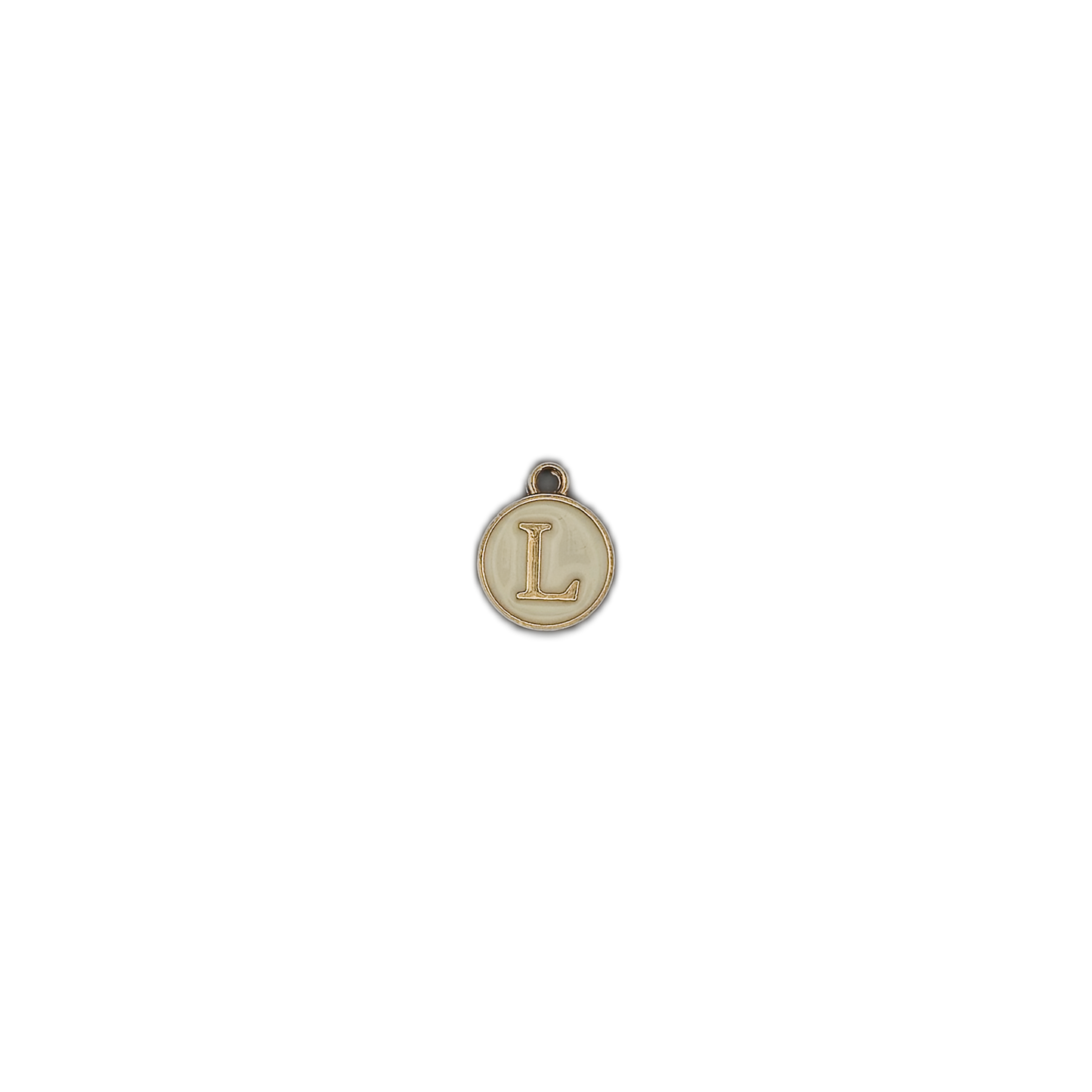 small round letter L charm centered on black background