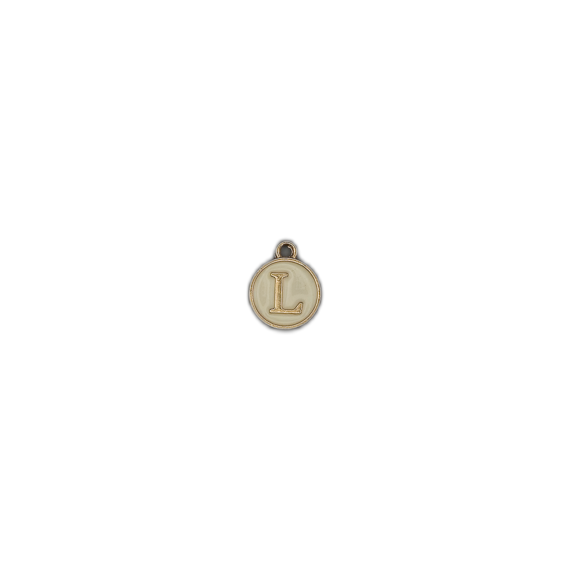 small round letter L charm centered on black background