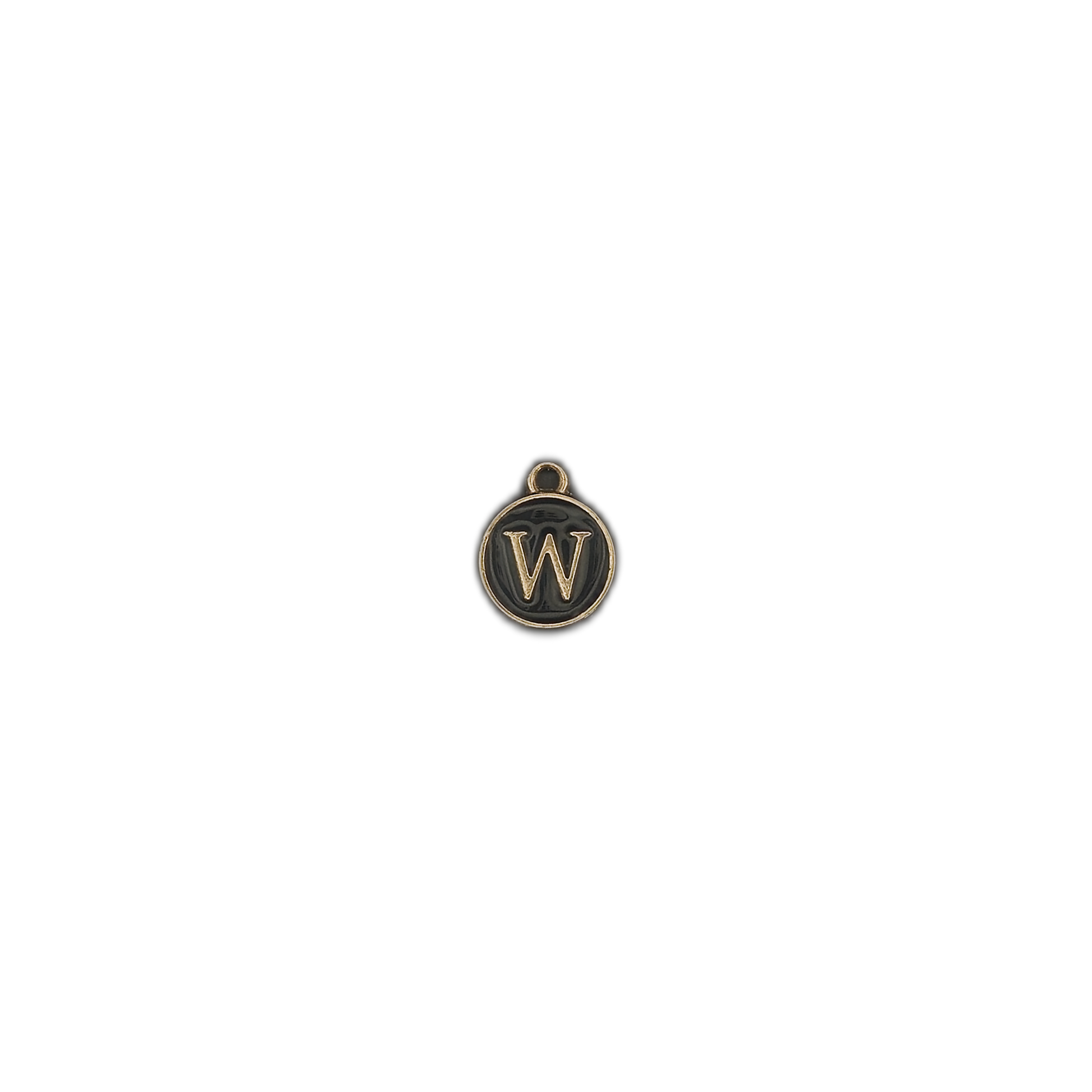 small black and gold letter W charm centered on black background