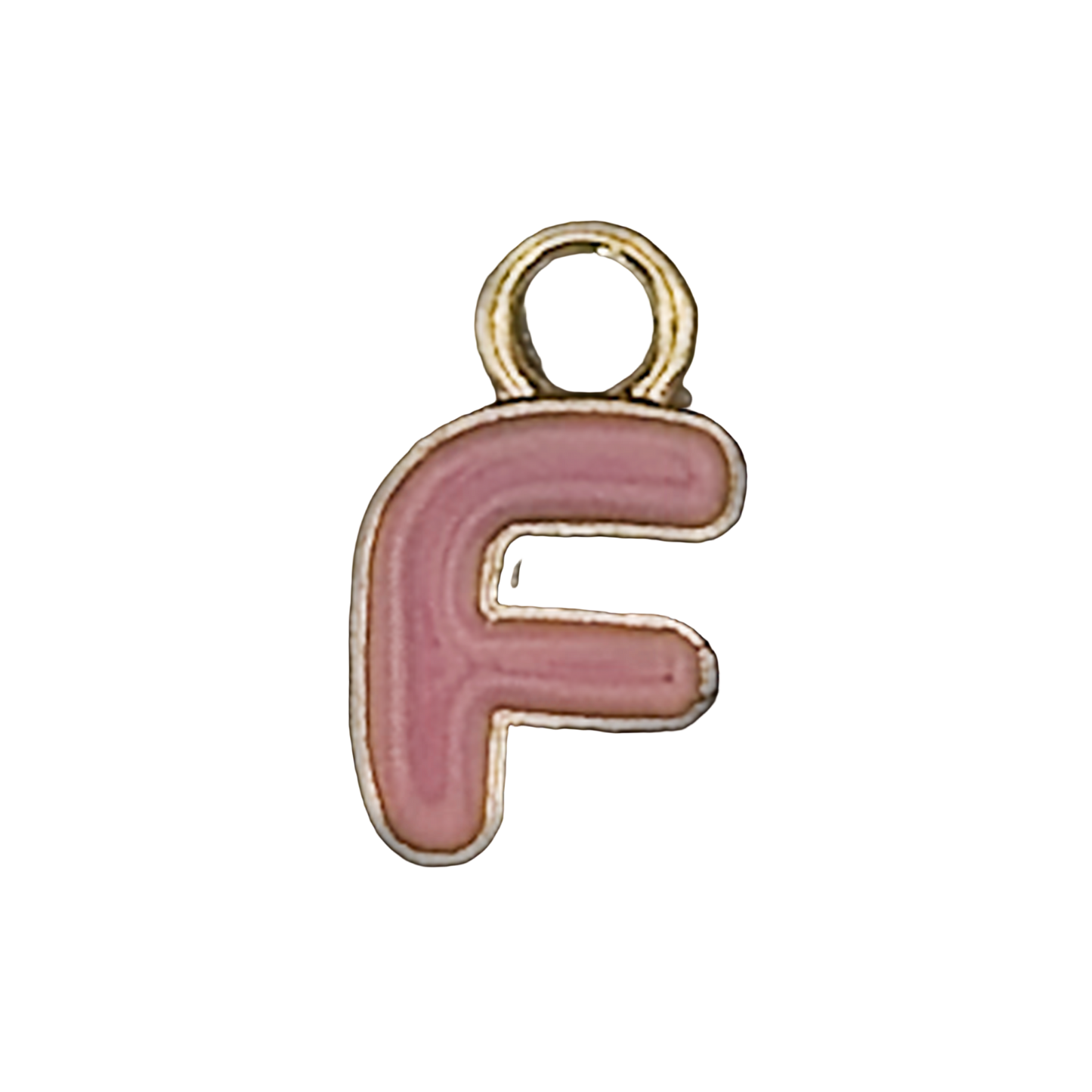 close-up of pink enamel lowercase letter f charm with gold outline on black background