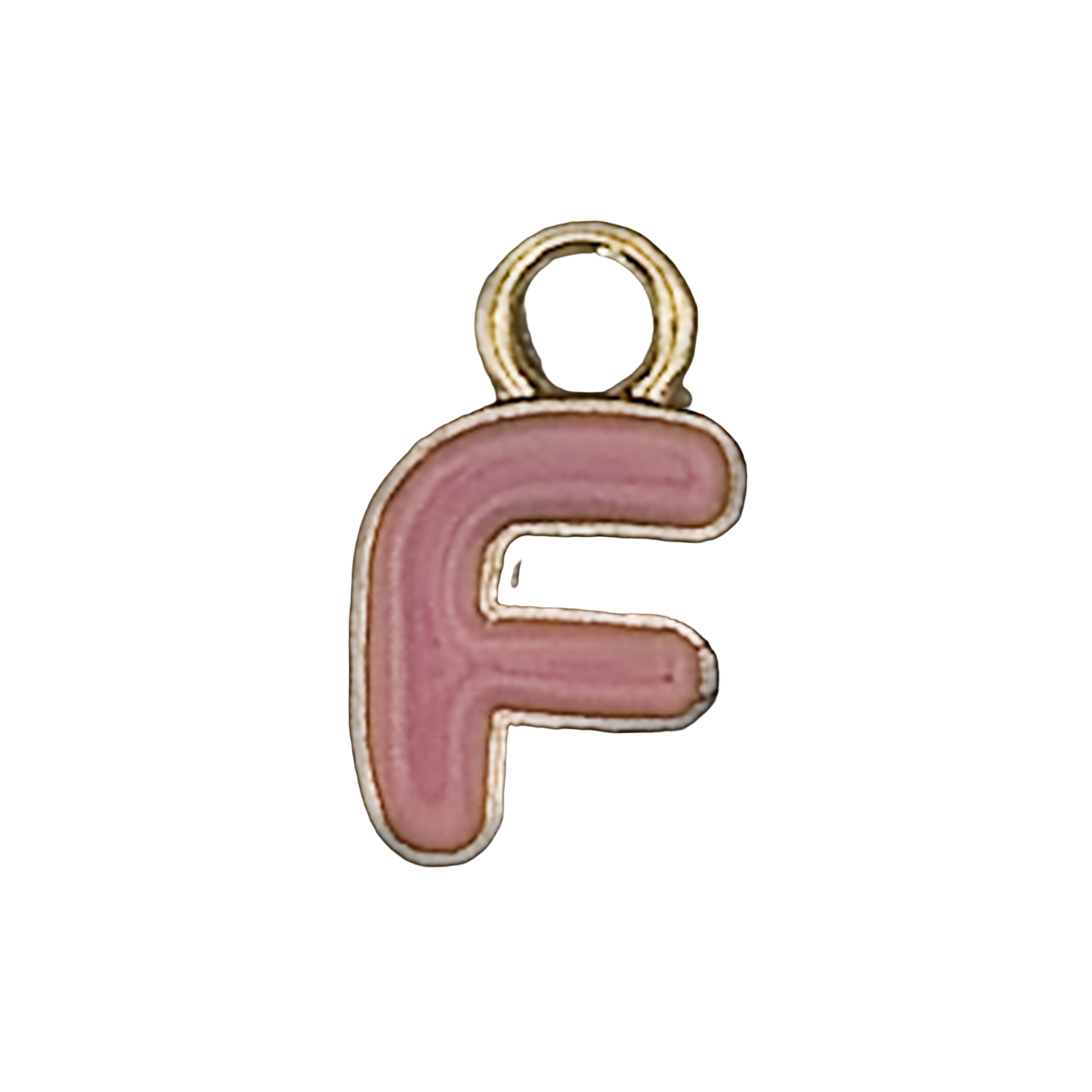 close-up of pink enamel lowercase letter f charm with gold outline on black background