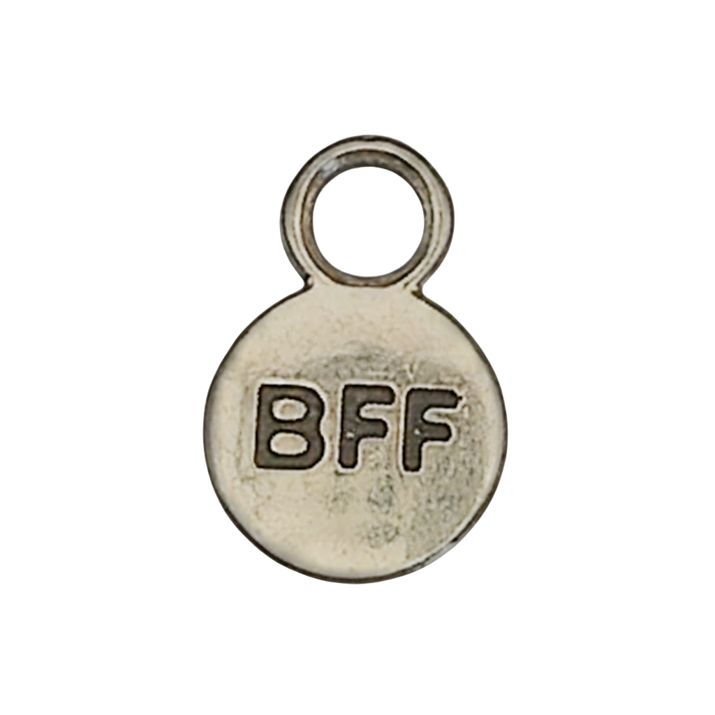 close-up of small silver-tone round charm with 'BFF' text