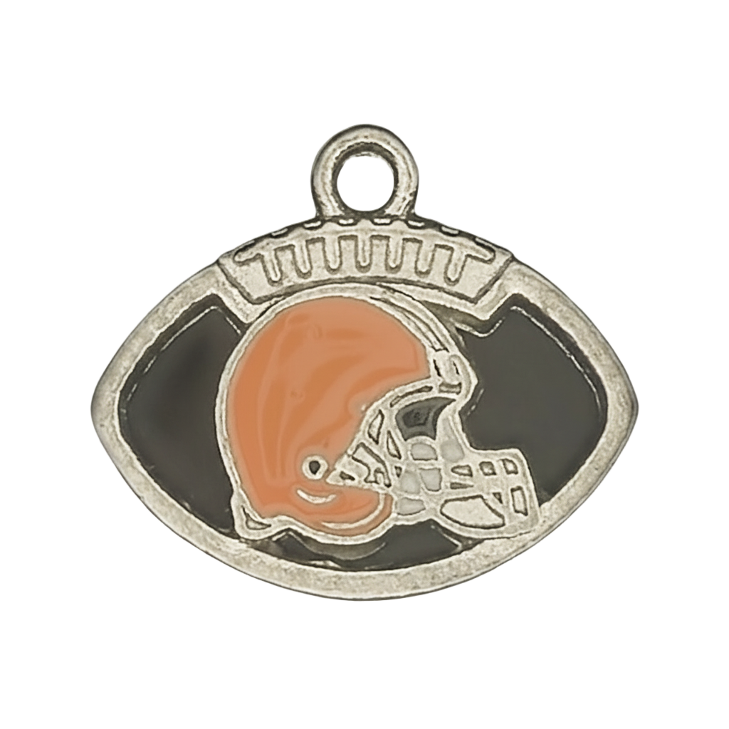 close-up of football-shaped charm with orange helmet and black enamel