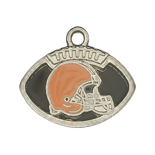 close-up of football-shaped charm with orange helmet and black enamel