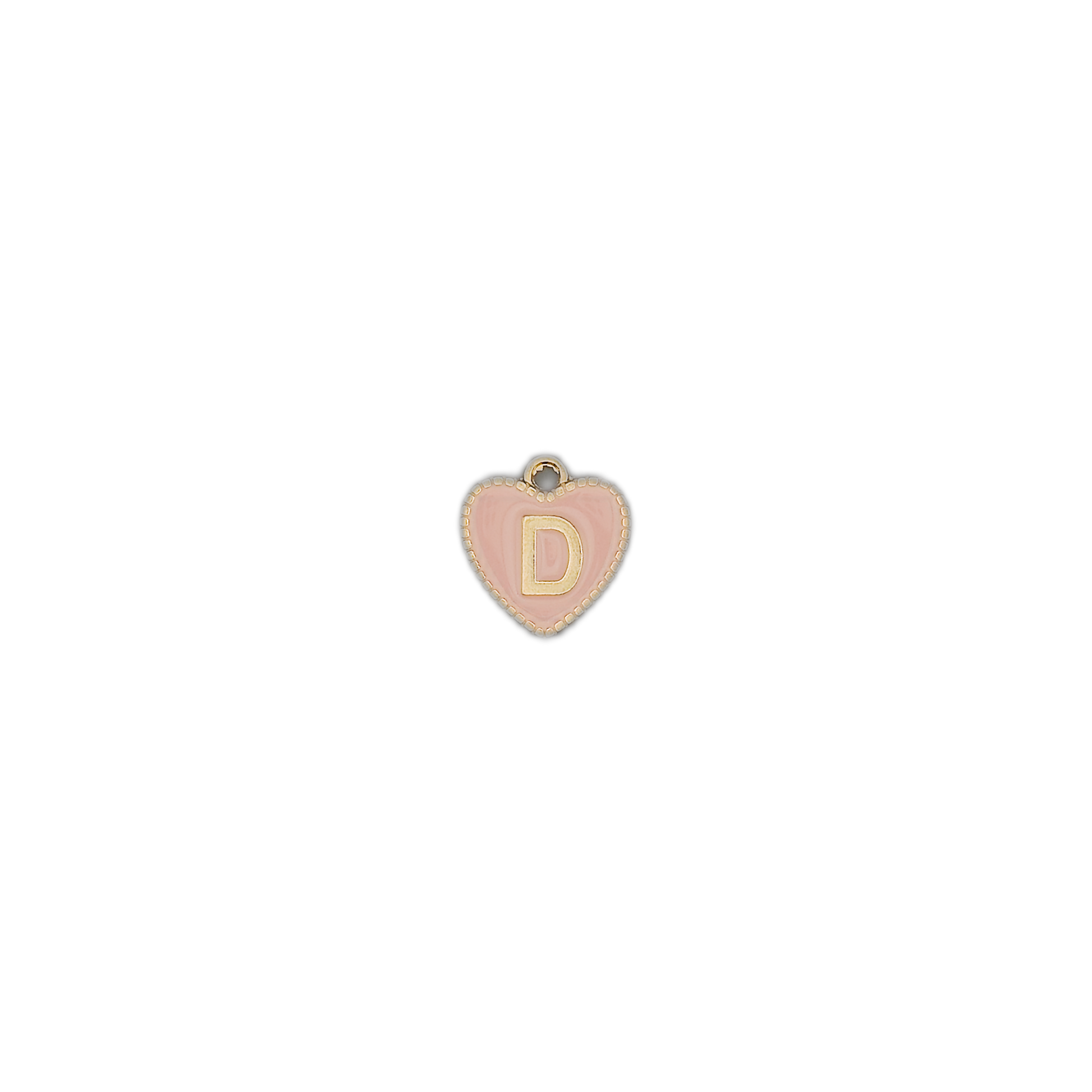 small pink heart letter D charm on a black background