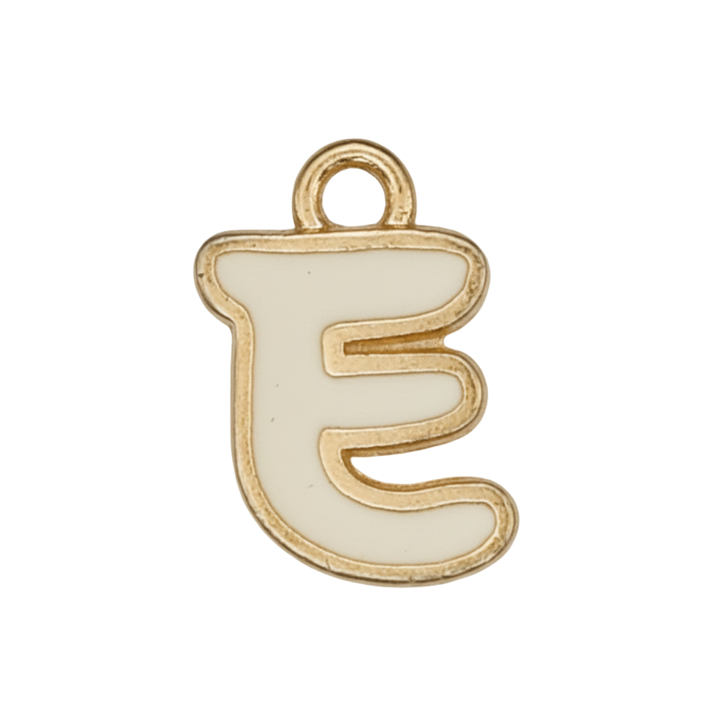 close-up of white enamel letter E charm with gold outline