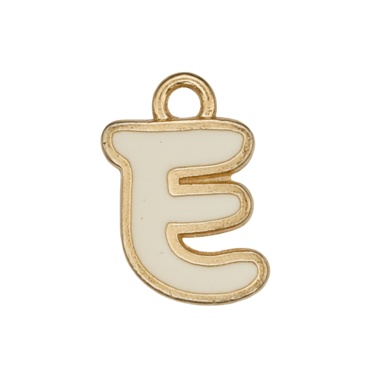 close-up of white enamel letter E charm with gold outline