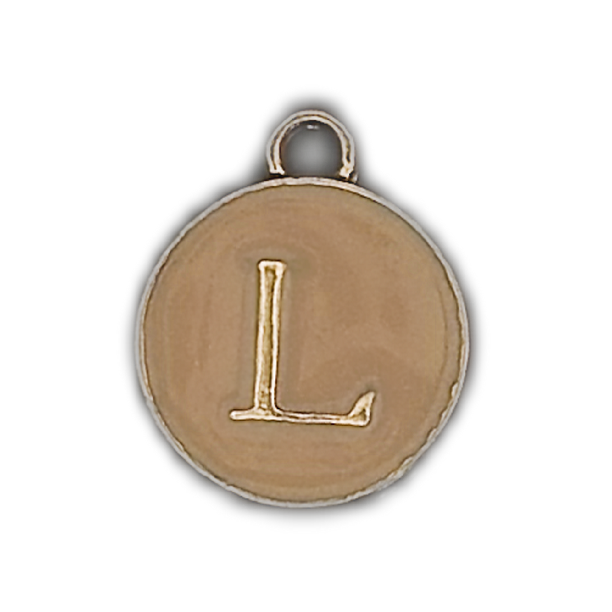 close-up of round gold letter L charm on black background