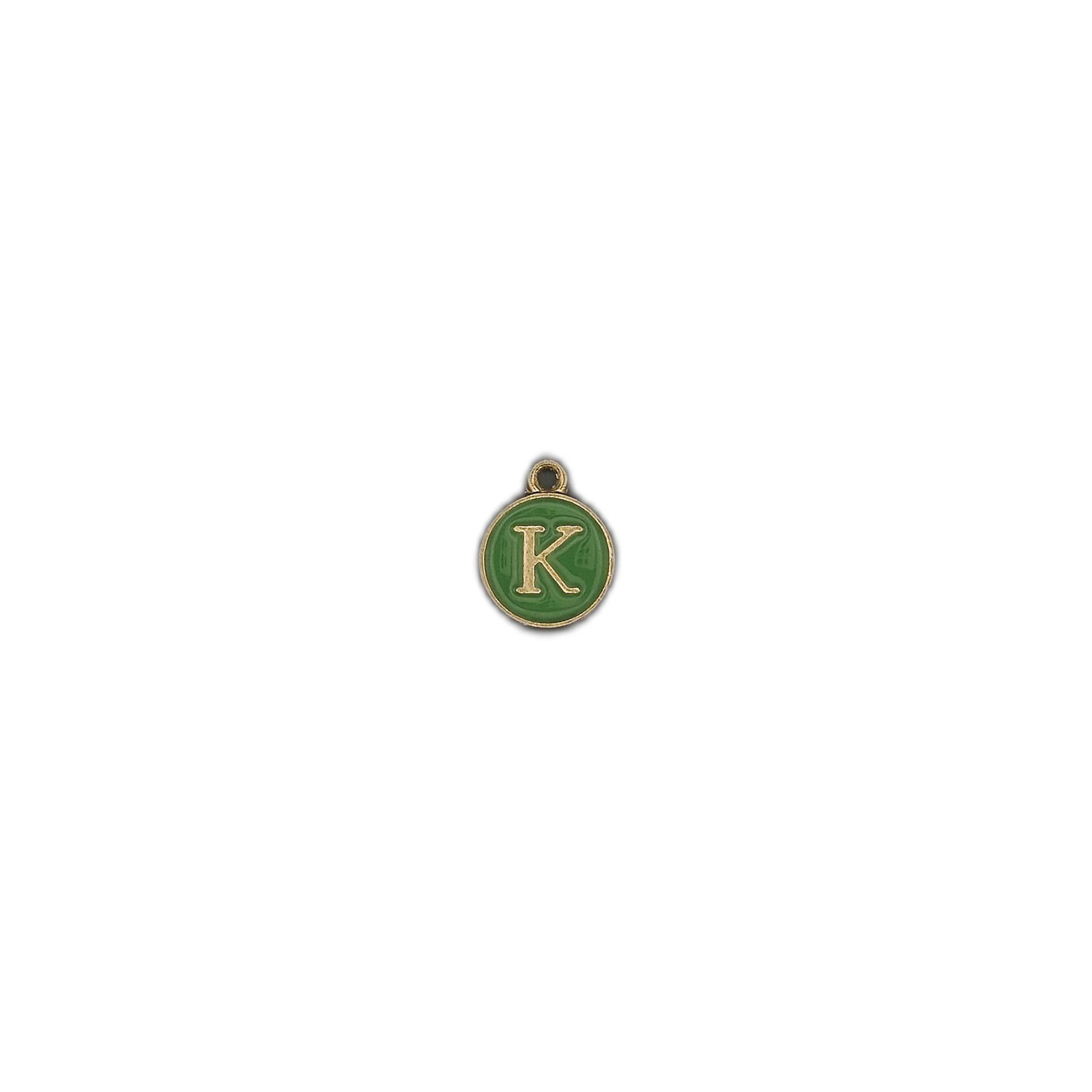 round green letter K charm on black background