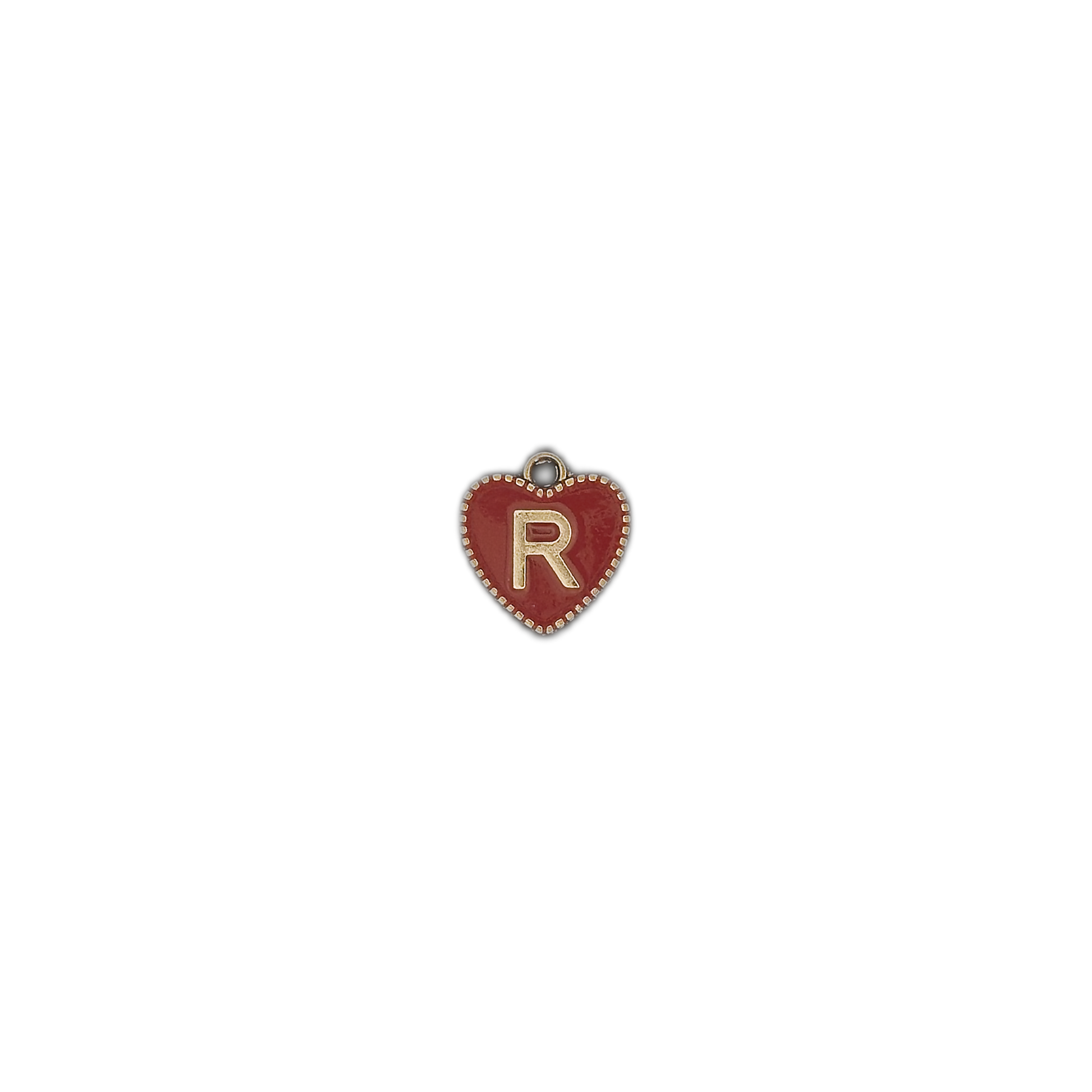small red heart initial R charm centered on black background