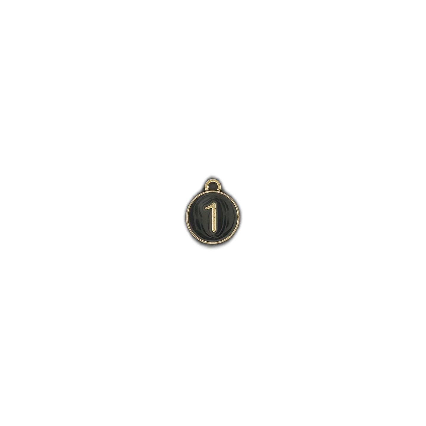 Round black-and-gold charm showing the number 1, centered on a plain background.