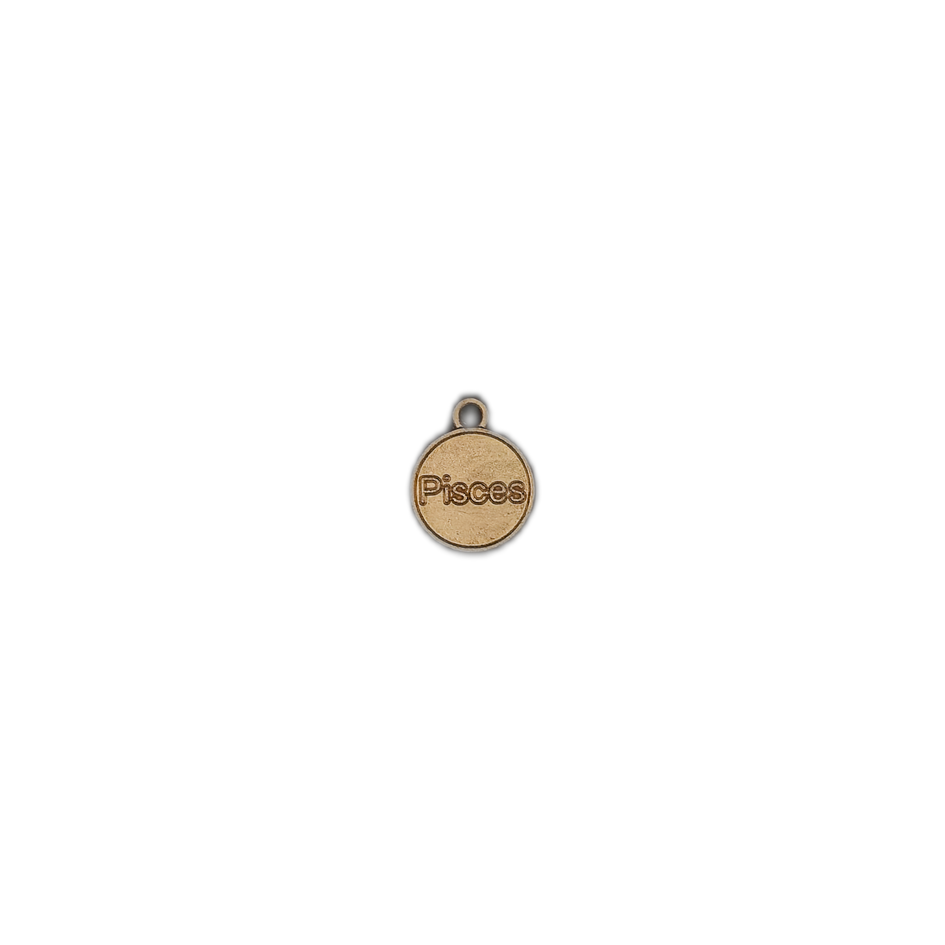 Small round gold-tone Pisces charm centered on a black background.